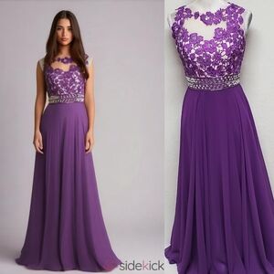 Backless Clarisse Purple Chiffon Rhinestone Beaded Illusion Mesh Maxi Dress 6